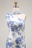 One Shoulder Blue Floral Sheath Bridesmaid Dress With Shawl