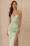 Dusty Sage Sheath Satin Sweetheart Long Bridesmaid Dress with Slit