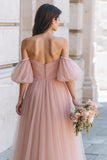 Dusty Rose Long A Line Off the Shoulder Bridesmaid Dress with Sleeves