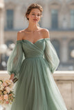 Eucalyptus Long Off the Shoulder A Line Bridesmaid Dress with Sleeves