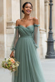 Eucalyptus Off the Shoulder Long A Line Bridesmaid Dress with Sleeves