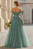 Eucalyptus A Line Long Off the Shoulder Bridesmaid Dress with Sleeves