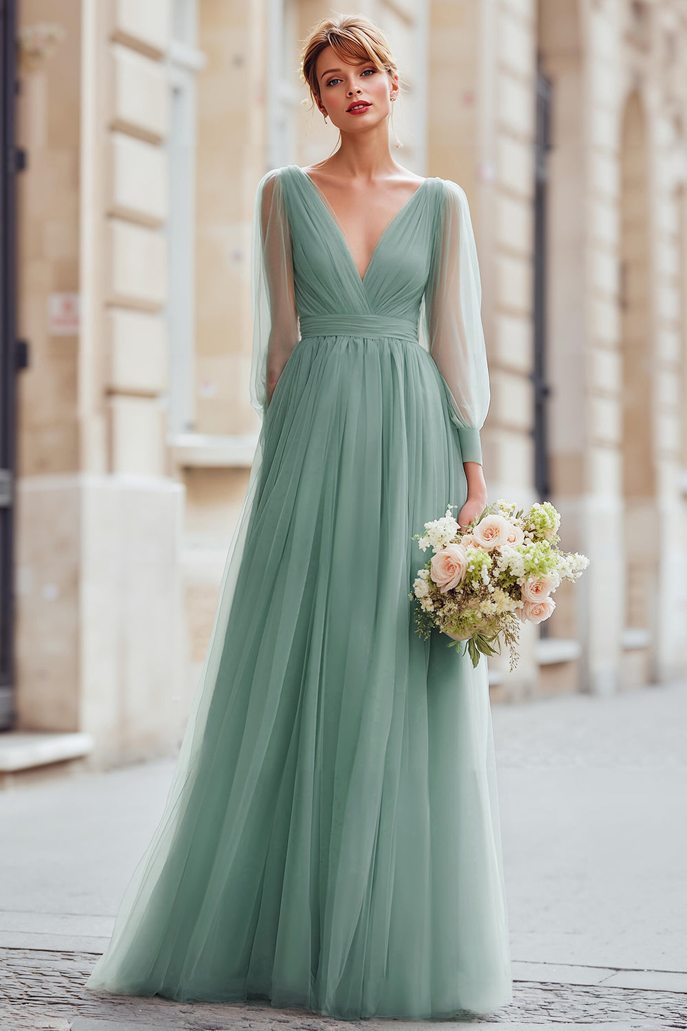 Zapaka Women Eucalyptus A Line V-Neck Bridesmaid Dress Long Sleeves Maxi Wedding Guest Dress, Eucalyptus / US20W Zapaka Women Eucalyptus A Line V-Neck Bridesmaid Dress Long Sleeves Maxi Wedding Guest Dress, Eucalyptus / US20W