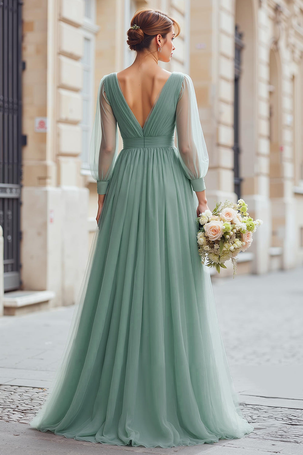 Zapaka Women Eucalyptus A Line V-Neck Bridesmaid Dress Long Sleeves Maxi Wedding Guest Dress, Eucalyptus / US20W Zapaka Women Eucalyptus A Line V-Neck Bridesmaid Dress Long Sleeves Maxi Wedding Guest Dress, Eucalyptus / US20W