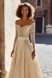 Champagne Off the Shoulder Satin Princess Long Sleeves Sweep Train Wedding Dress with Lace