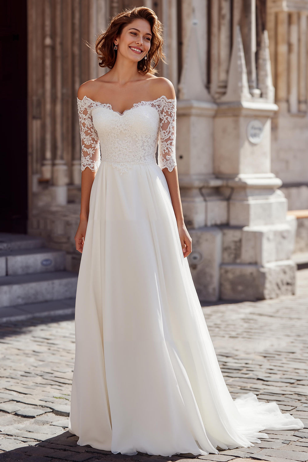Yuxin Off Shoulder Wedding Dress - A Line Princess Ball Gown With Sleeves & Train YX026 Yuxin Off Shoulder Wedding Dress - A Line Princess Ball Gown With Sleeves & Train YX026