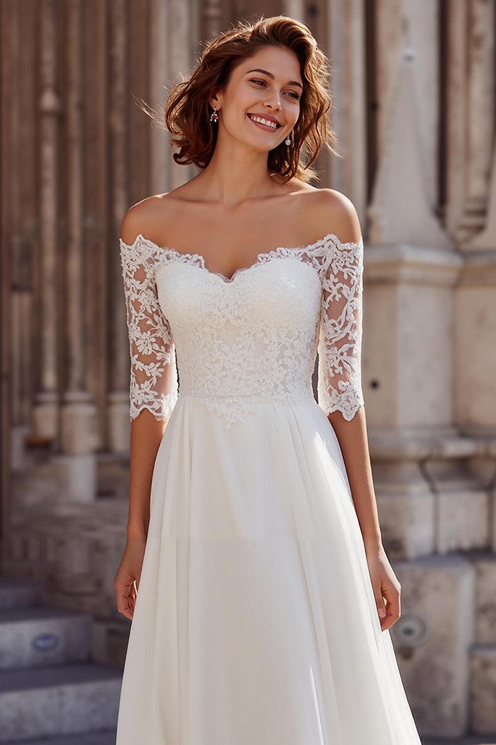 Zapaka Women White Chiffon A-Line Sweep Train Wedding Dress with Lace Off The Shoulder Half Sleeves Bridal Dress, White / US12 Zapaka Women White Chiffon A-Line Sweep Train Wedding Dress with Lace Off The Shoulder Half Sleeves Bridal Dress, White / US12