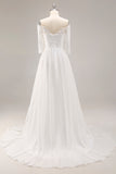 White A-Line Off The Shoulder Half Sleeves Wedding Dress with Lace