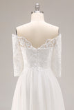 White A-Line Off The Shoulder Half Sleeves Wedding Dress with Lace