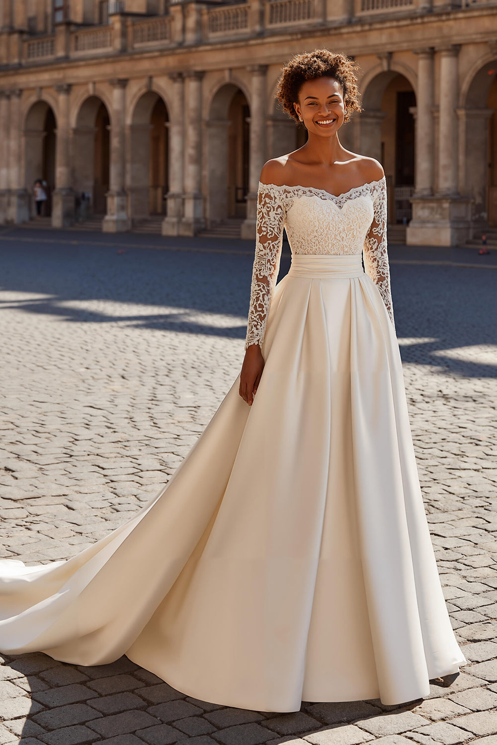 Zapaka Women Ivory Satin Princess Court Train Wedding Dress with Lace Off the Shoulder Long Sleeves Bridal Dress ZAPAKA Zapaka Women Ivory Satin Princess Court Train Wedding Dress with Lace Off the Shoulder Long Sleeves Bridal Dress ZAPAKA