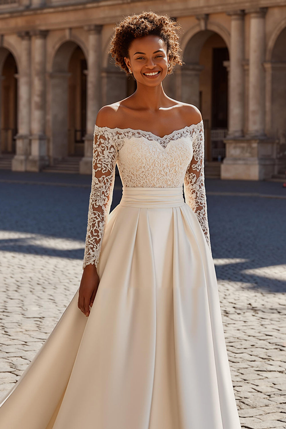 Zapaka Women Ivory Satin Princess Court Train Wedding Dress with Lace Off the Shoulder Long Sleeves Bridal Dress ZAPAKA Zapaka Women Ivory Satin Princess Court Train Wedding Dress with Lace Off the Shoulder Long Sleeves Bridal Dress ZAPAKA