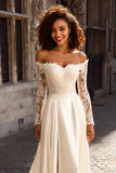 Ivory Off the Shoulder Satin A-Line Sweep Train Wedding Dress with Lace
