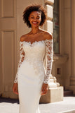 Ivory Mermaid Sweep Train Off the Shoulder Wedding Dress with Lace