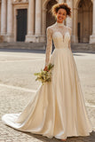 Ivory High Neck A Line Sweep Train Vintage Wedding Dress with Sleeves