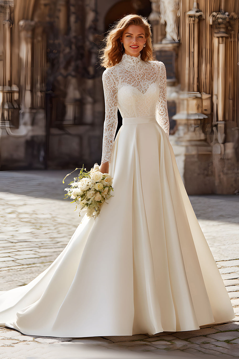 Zapaka Women Ivory Sweep train High Neck Wedding Dress with Sleeves Vintage A Line Bridal Dress with Lace, Ivory / US4