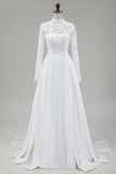 Ivory A Line Long Sleeves High Neck Sweep Train Wedding Dress with Lace