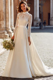 Ivory A Line Long Sleeves High Neck Sweep Train Wedding Dress with Lace