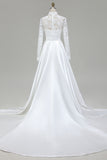 Ivory A Line Long Sleeves High Neck Sweep Train Wedding Dress with Lace