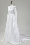 Ivory A Line Long Sleeves High Neck Sweep Train Wedding Dress with Lace