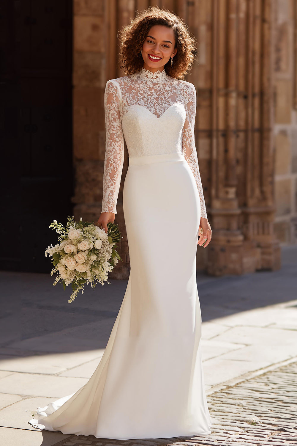 Zapaka Women Mermaid Wedding Dress Ivory High Neck Lace Appliqued Long Sleeves Sweep Train Bridal Dress, Ivory / US14 Zapaka Women Mermaid Wedding Dress Ivory High Neck Lace Appliqued Long Sleeves Sweep Train Bridal Dress, Ivory / US14