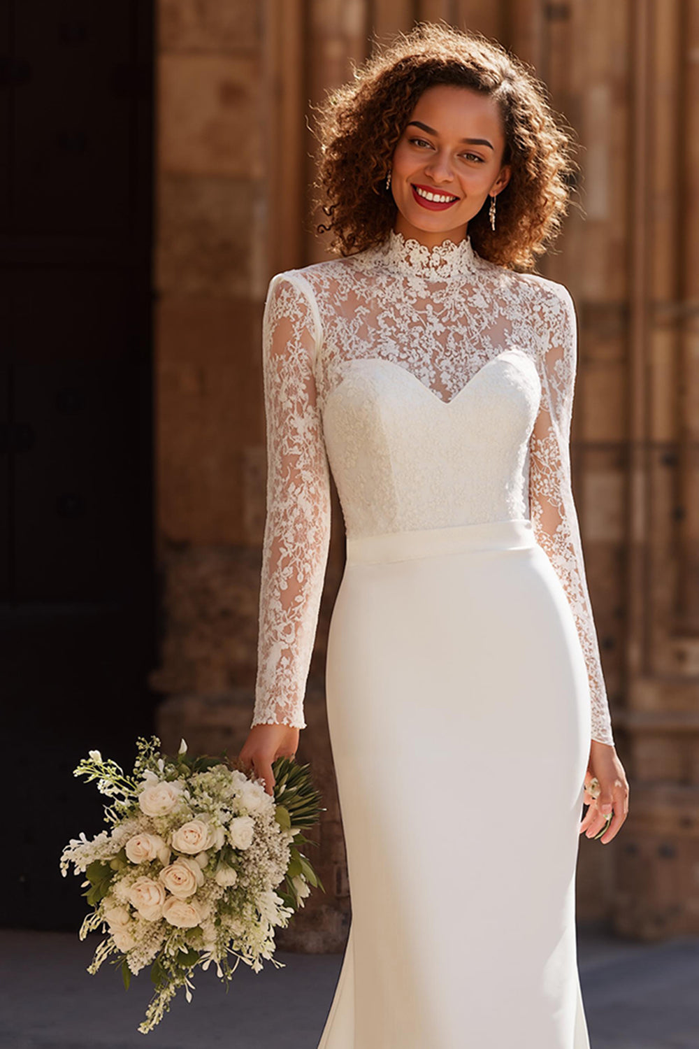 Zapaka Women Mermaid Wedding Dress Ivory High Neck Lace Appliqued Long Sleeves Sweep Train Bridal Dress, Ivory / US14 Zapaka Women Mermaid Wedding Dress Ivory High Neck Lace Appliqued Long Sleeves Sweep Train Bridal Dress, Ivory / US14