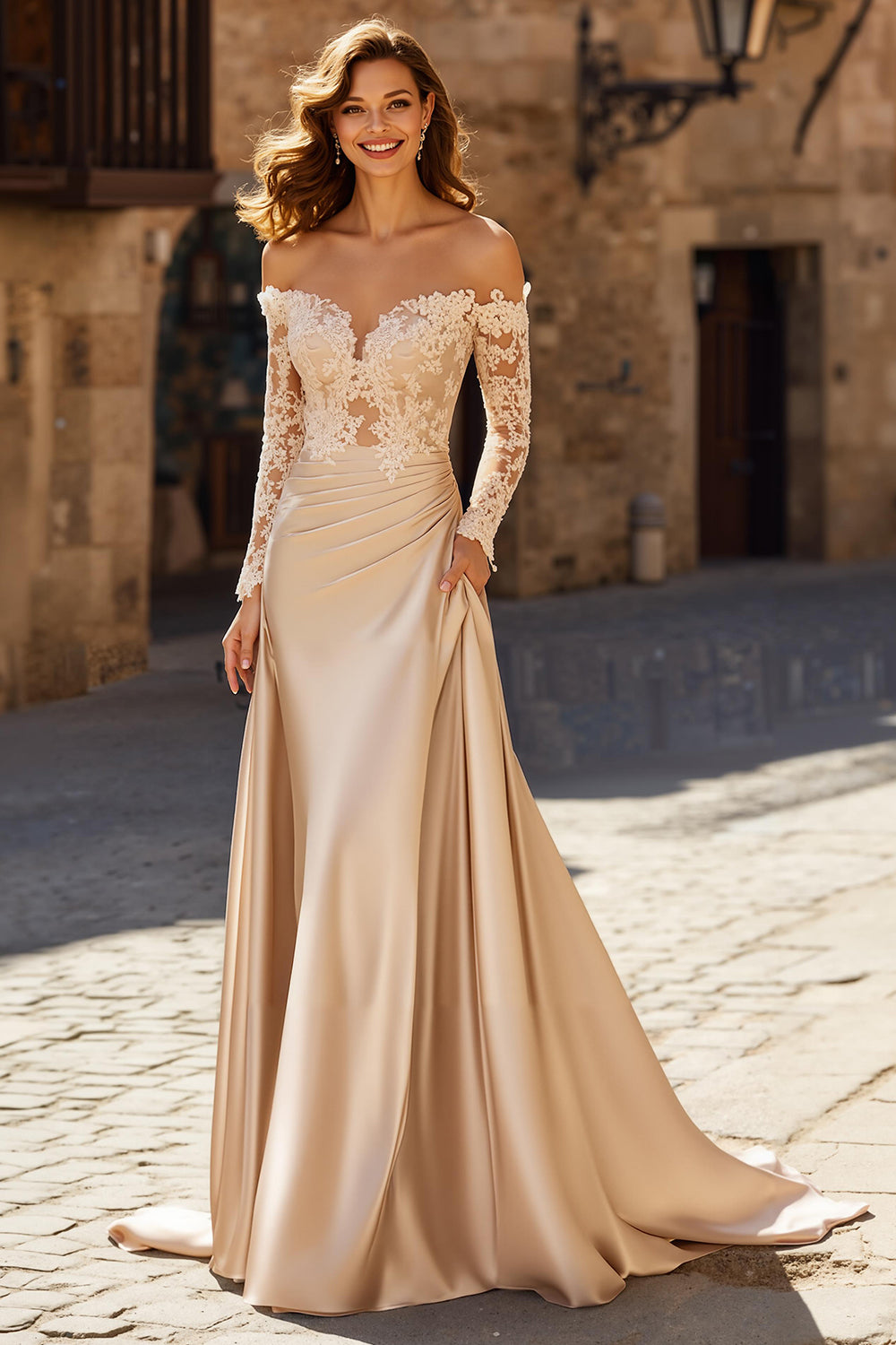 Zapaka Women Mermaid Wedding Dress Champagne Off the Shoulder Long Sleeves Lace Appliqued Court Train Bridal Dress, Champagne / US22W Zapaka Women Mermaid Wedding Dress Champagne Off the Shoulder Long Sleeves Lace Appliqued Court Train Bridal Dress, Champagne / US22W