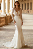 Ivory V-Neck Mermaid Court Train Long Sleeves Wedding Dress