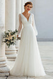 Ivory V-Neck A Line Long Sleeve Wedding Dress