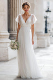 Ivory V-Neck A Line Short Sleeve Wedding Dress