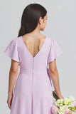 Purple V-Neck A-Line Chiffon Short Sleeves Long Junior Bridesmaid Dress