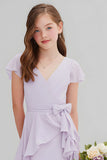 Purple Chiffon V-Neck A-Line Short Junior Bridesmaid Dress with Ruffles