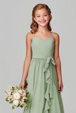 Sage Green Spaghetti Straps A-Line Chiffon Long Junior Bridesmaid Dress