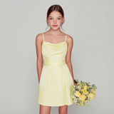 Light Yellow Spaghetti Straps A-Line Satin Short Junior Bridesmaid Dress