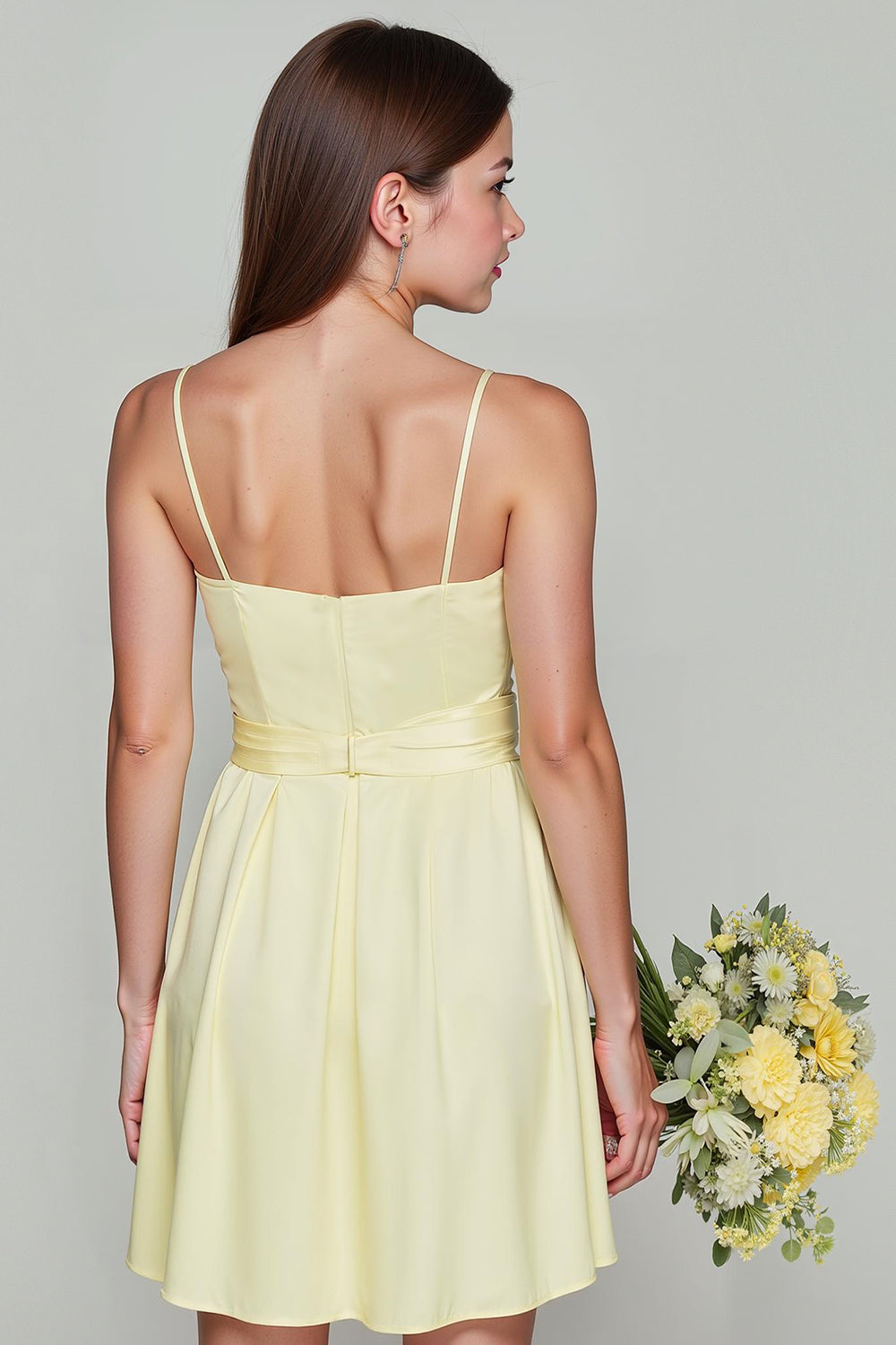 Zapaka Women Light Yellow Satin Short Junior Bridesmaid Dress Spaghetti Straps A-Line Wedding Guest Dress, Satin color / J12