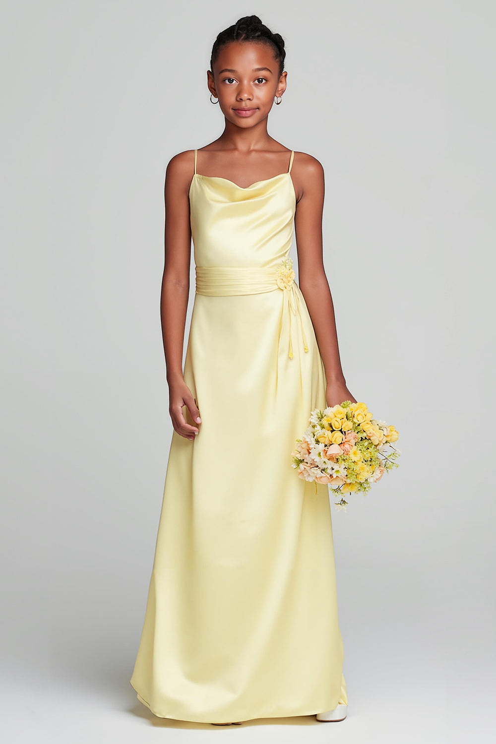 Zapaka Women Daffodil Satin Long Junior Bridesmaid Dress with Sash Spaghetti Straps Ruched Wedding Guest Dress, Satin color / J12 Zapaka Women Daffodil Satin Long Junior Bridesmaid Dress with Sash Spaghetti Straps Ruched Wedding Guest Dress, Satin color / J12