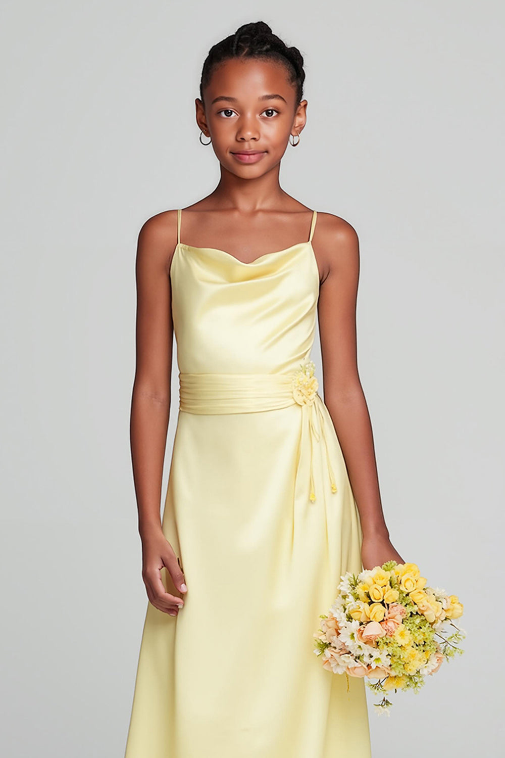 Zapaka Women Daffodil Satin Long Junior Bridesmaid Dress with Sash Spaghetti Straps Ruched Wedding Guest Dress, Satin color / J12 Zapaka Women Daffodil Satin Long Junior Bridesmaid Dress with Sash Spaghetti Straps Ruched Wedding Guest Dress, Satin color / J12