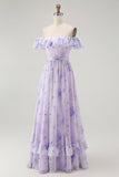 Lavender Floral Ruffled Off The Shoulder A Line Bridesmaid Dress