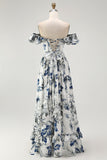 Blue Floral Ruffled Off The Shoulder A Line Bridesmaid Dress