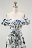 Blue Floral Ruffled Off The Shoulder A Line Bridesmaid Dress