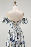 Blue Floral Ruffled Off The Shoulder A Line Bridesmaid Dress