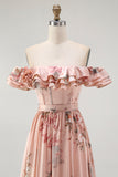 Blush Floral Off The Shoulder A Line Ruffled Bridesmaid Dress