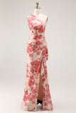 Champagne Floral One Shoulder Sheath Wedding Guest Dress with Slit