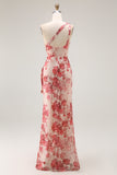 Champagne Floral One Shoulder Sheath Wedding Guest Dress with Slit