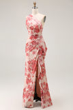 Champagne Floral One Shoulder Sheath Wedding Guest Dress with Slit