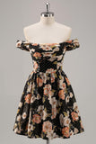 Black Floral A Line Off The Shoulder Mini Homecoming Dress with Beading