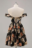 Black Floral A Line Off The Shoulder Mini Homecoming Dress with Beading