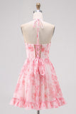 Pink Floral A Line V Neck Halter Corset Homecoming Dress with Lace Up Back
