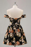 Off The Shoulder Black Floral A Line Beaded Mini Homecoming Dress