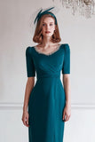 Peacock Blue Chiffon Sheath Bateau Mother of the Bride Dress with Slit