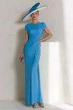 Blue Chiffon Sheath Bateau Ruched Mother of the Bride Dress